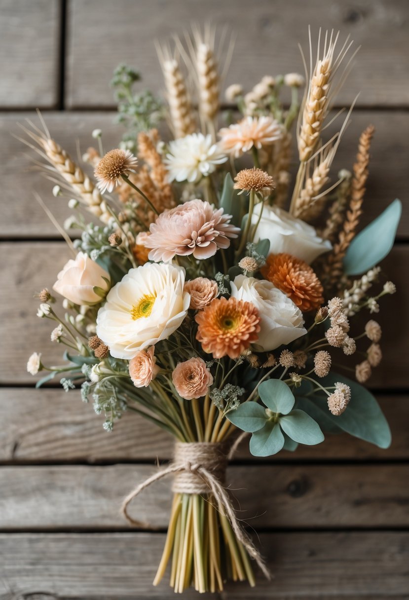 A small wedding bouquet with wildflowers and dried wheat stalks tied with twine resting on a wooden surface.