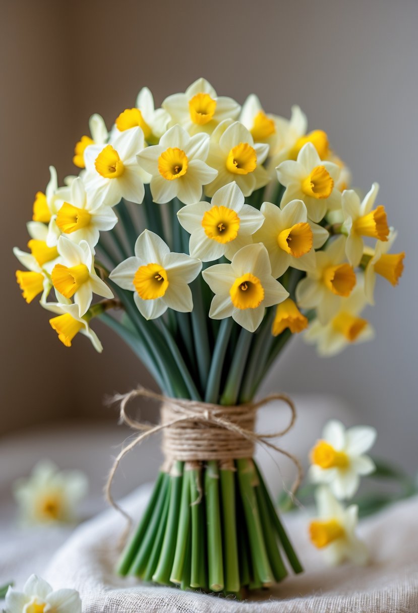 A small bouquet of soft yellow mini daffodils with green stems wrapped in twine against a blurred neutral background.