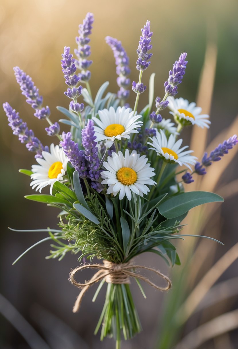 A small bouquet of lavender and daisies tied with twine against a softly blurred background.