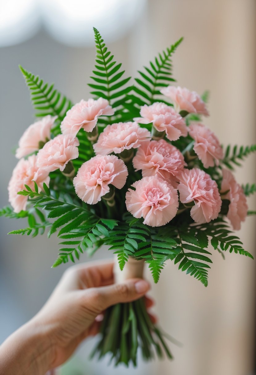 A small wedding bouquet of pink mini carnations surrounded by green ferns.