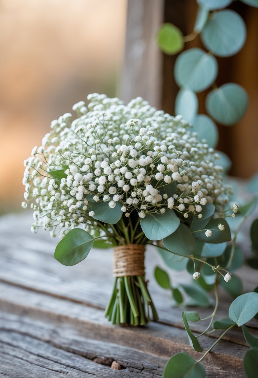 A small wedding bouquet made of baby's breath flowers and eucalyptus leaves resting on a wooden surface.