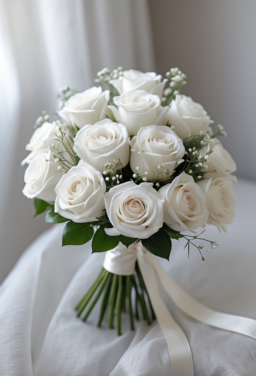 A small bouquet of white roses with minimal greenery against a soft, light background.