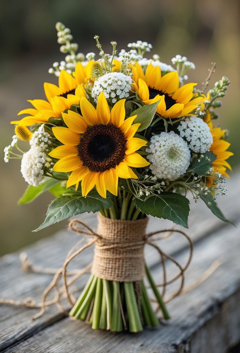 A small bouquet of sunflowers and white flowers wrapped in burlap and twine resting on a wooden surface.