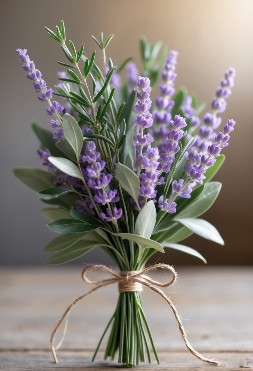 A small wedding bouquet made of lavender flowers and olive branches tied with twine.