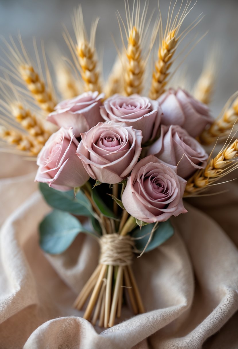 A small bouquet of muted pink roses and dried wheat stalks on a neutral background.