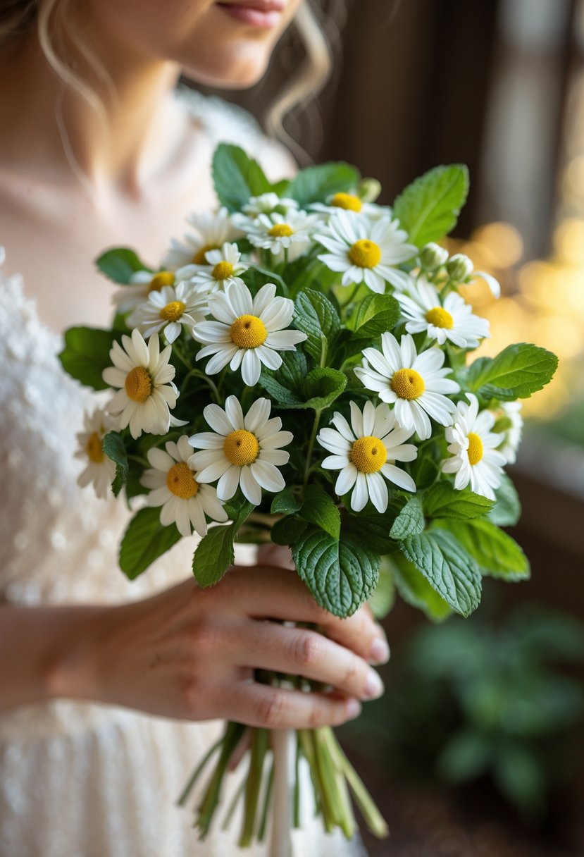 A small wedding bouquet of chamomile flowers and mint leaves held by a bride in a lace dress against a softly blurred rustic background.