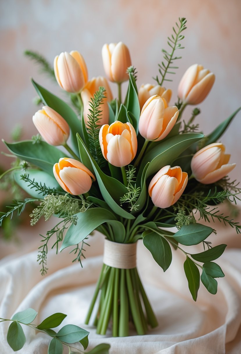 A small wedding bouquet of peach tulips with green leaves on a softly blurred background.
