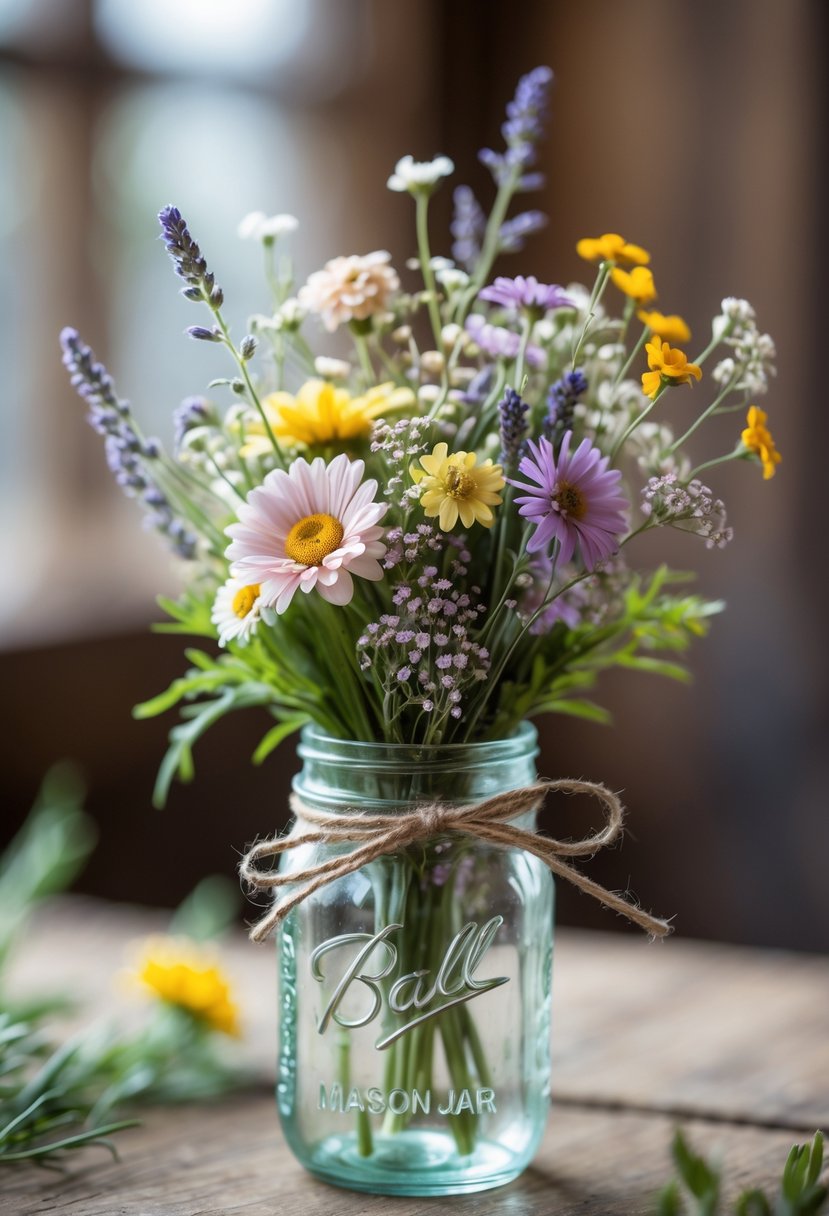 A small bouquet of mixed wildflowers in a glass mason jar with a twine bow on a softly blurred background.