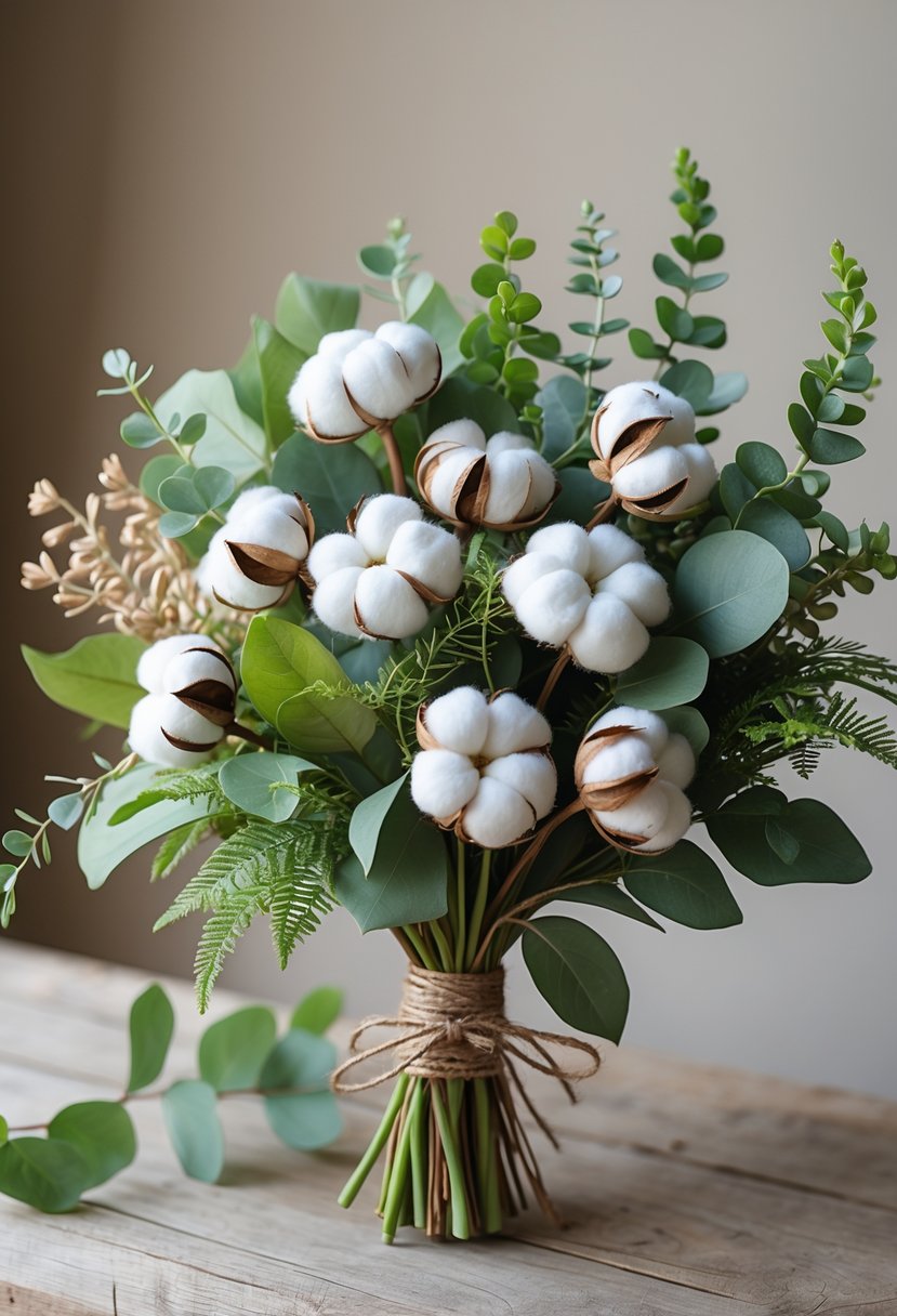 A small rustic wedding bouquet made of white cotton stems and green leaves resting on a wooden surface.
