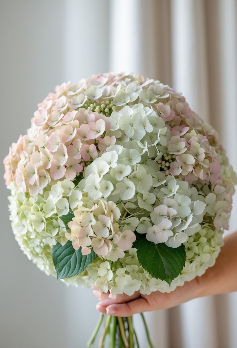 A small round bouquet of pale pink, white, and light green hydrangea flowers held against a blurred natural background.