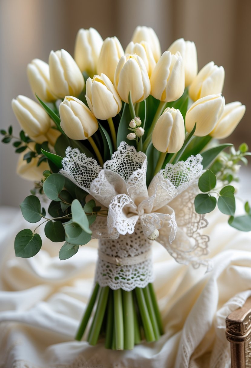 A small bouquet of creamy white tulips wrapped in white lace with green leaves.