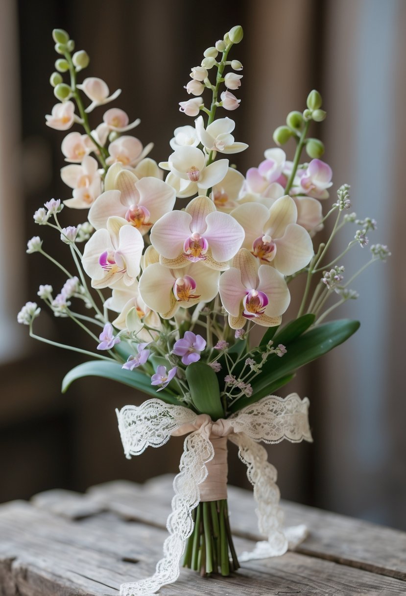 A small wedding bouquet of pastel orchids and greenery tied with lace ribbon on a wooden surface.