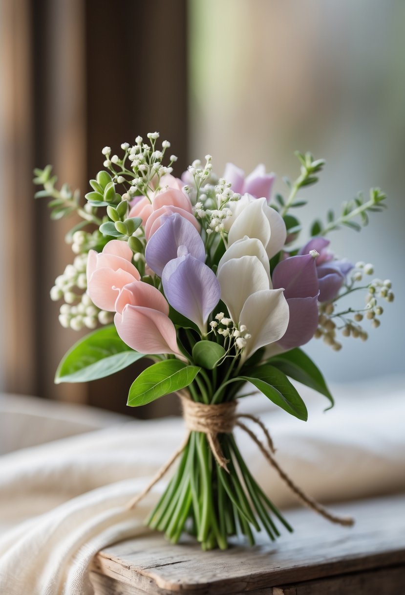 A small bouquet of sweet pea flowers in pastel colors tied with twine, resting against a softly blurred background.