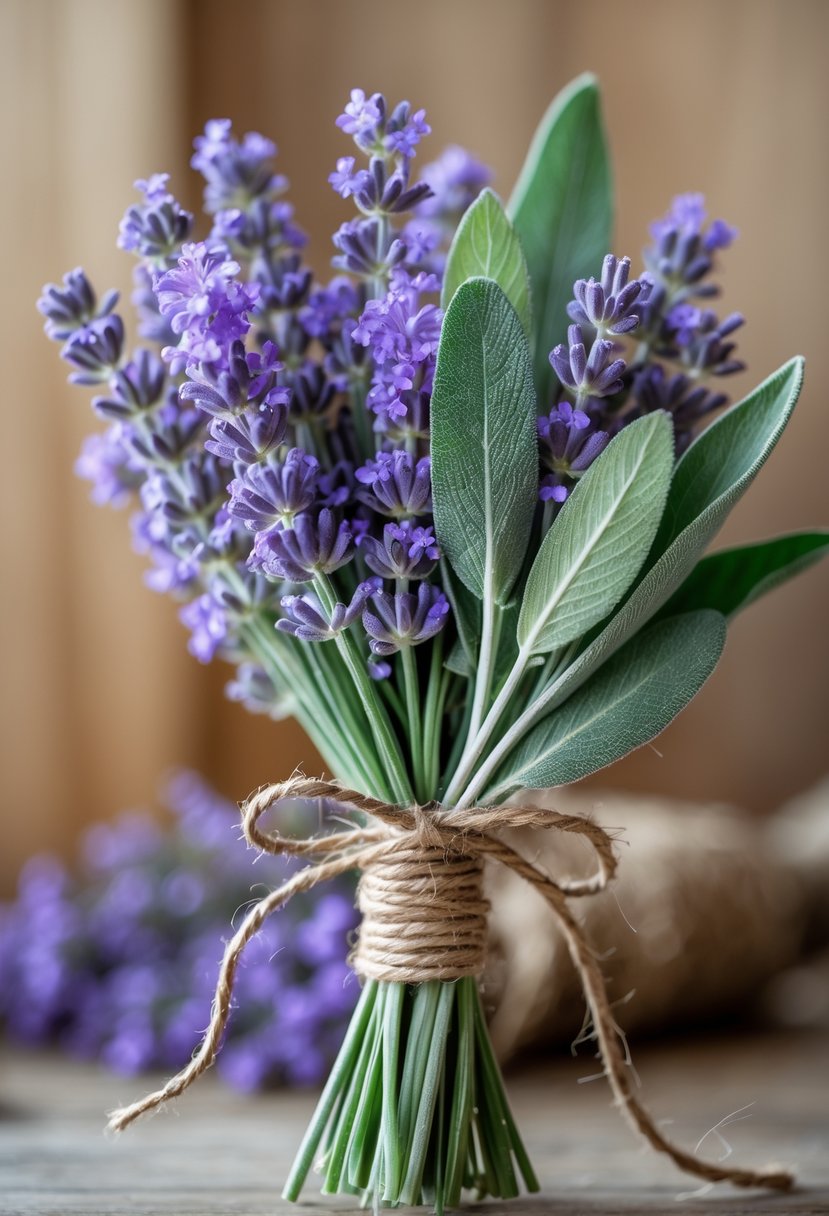 A small bundle of lavender and sage tied together with twine.