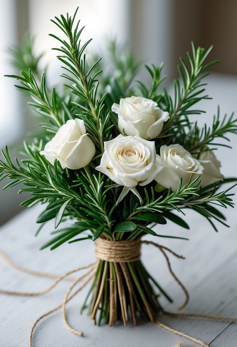 A small wedding bouquet featuring white roses and green rosemary sprigs tied with twine on a wooden surface.