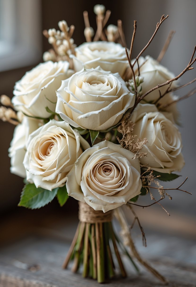 A small bouquet of antique white roses with brown twigs arranged together.