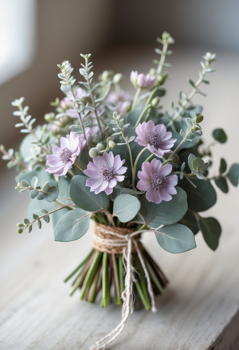 A small wedding bouquet with tiny purple Scabiosa flowers and seeded Eucalyptus leaves tied with a ribbon, resting on a wooden surface.