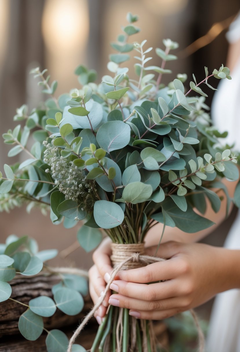 A small rustic wedding bouquet made of mini eucalyptus and dusty miller leaves tied with twine.
