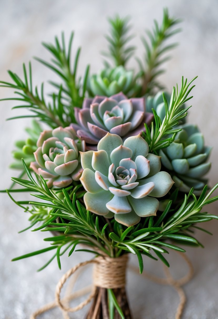 A small wedding bouquet made of succulents and rosemary sprigs tied together, displayed against a blurred neutral background.