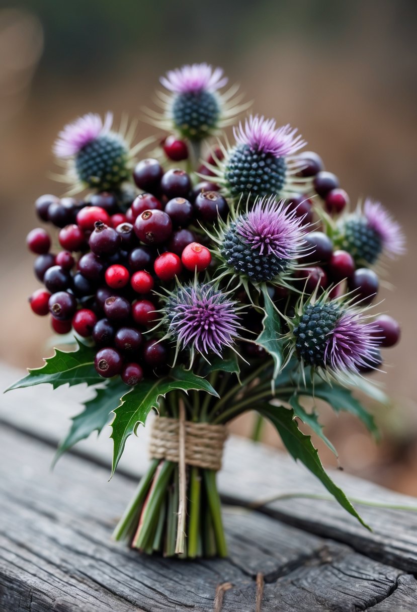 A small bouquet of wild berries and miniature thistle flowers resting on a wooden surface.