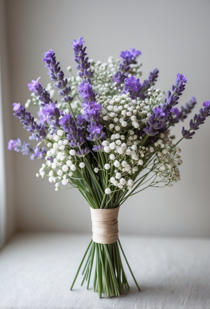 A small wedding bouquet made of lavender and baby's breath flowers wrapped with a natural ribbon on a light background.