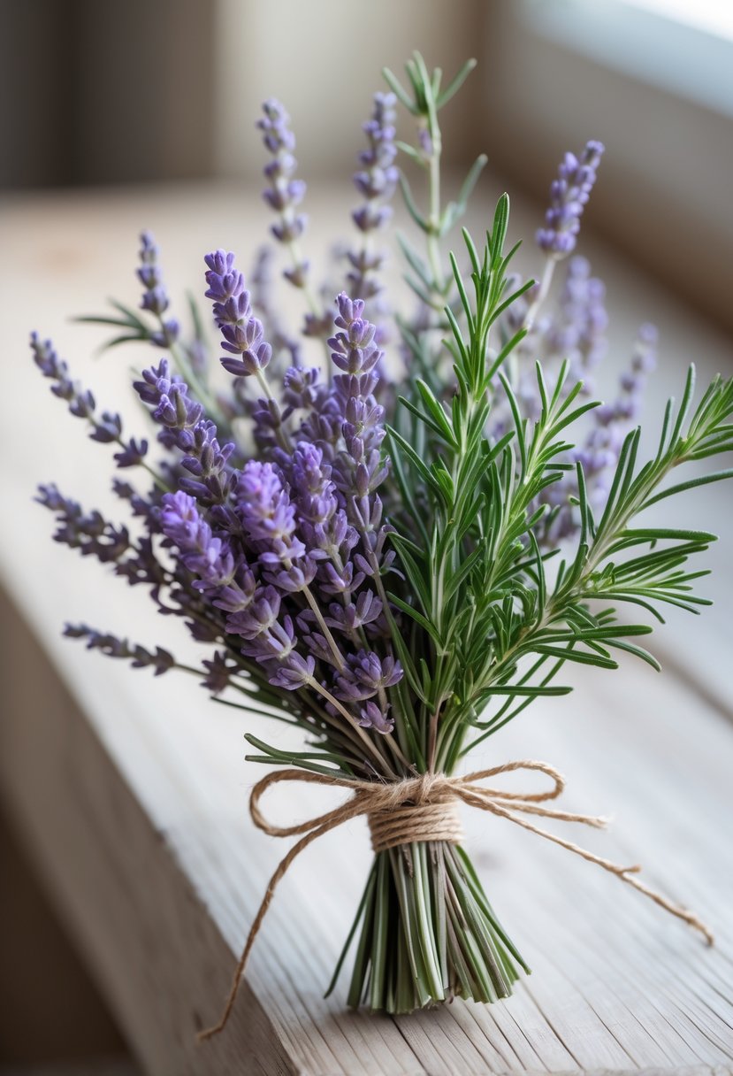 A small bouquet of dried lavender and rosemary tied with twine resting on a wooden surface.