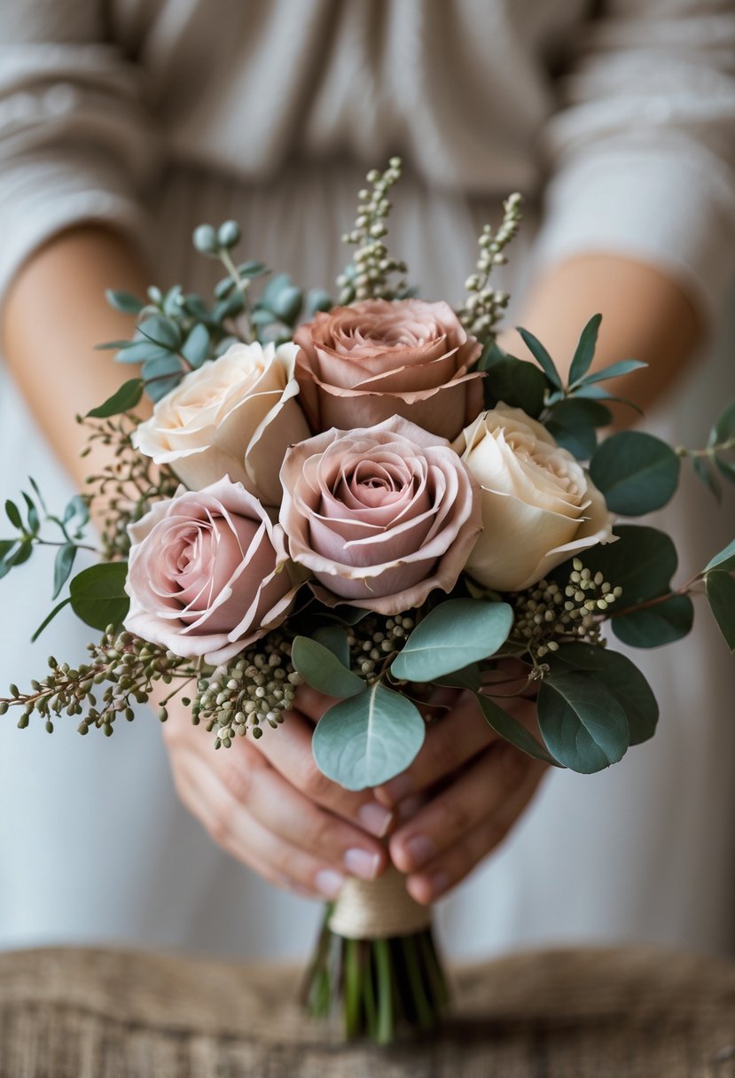 A small wedding bouquet with muted roses and seeded eucalyptus held above a wooden surface.
