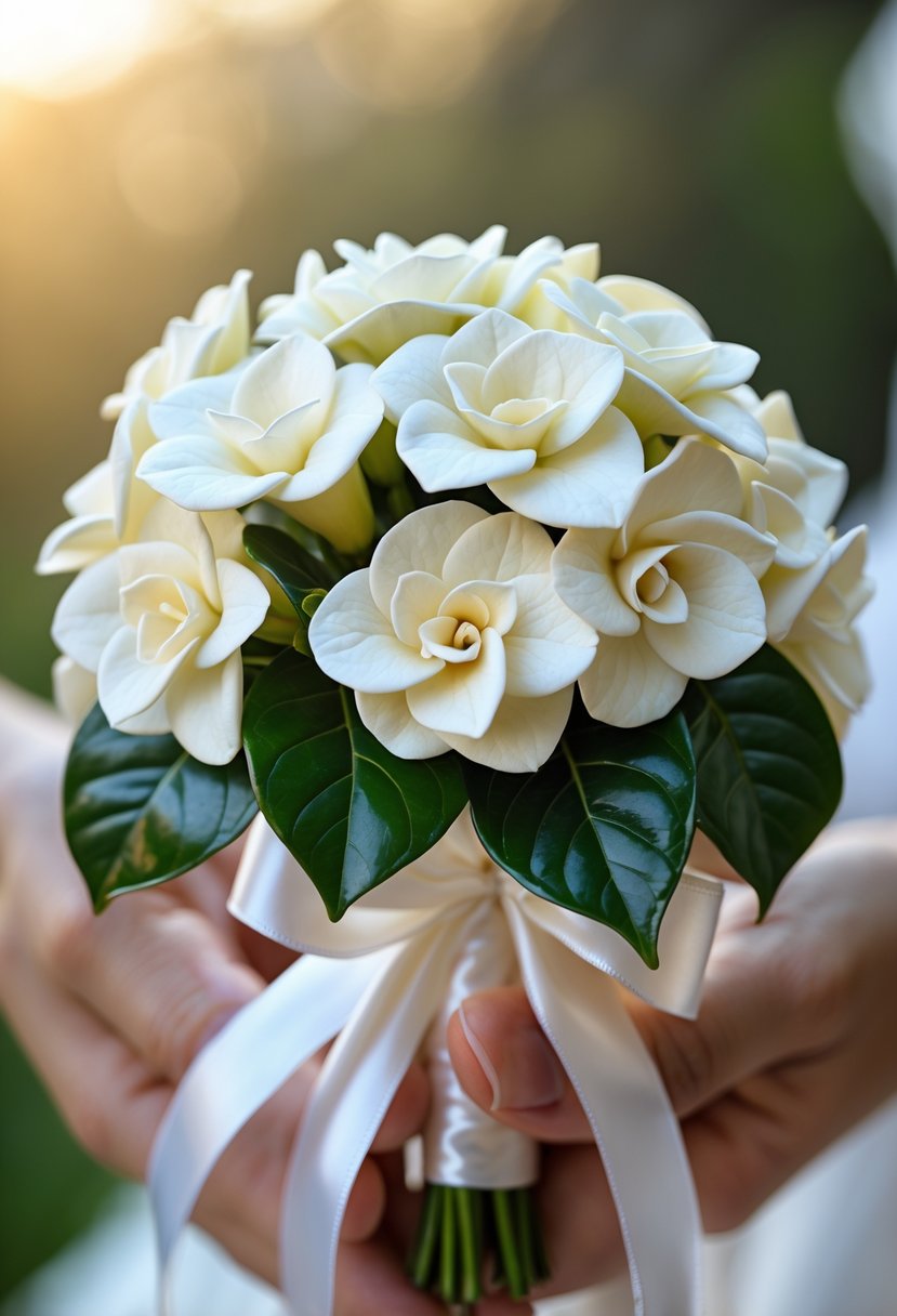 A small bouquet of white gardenia flowers with green leaves wrapped in white ribbon, held gently in hands.