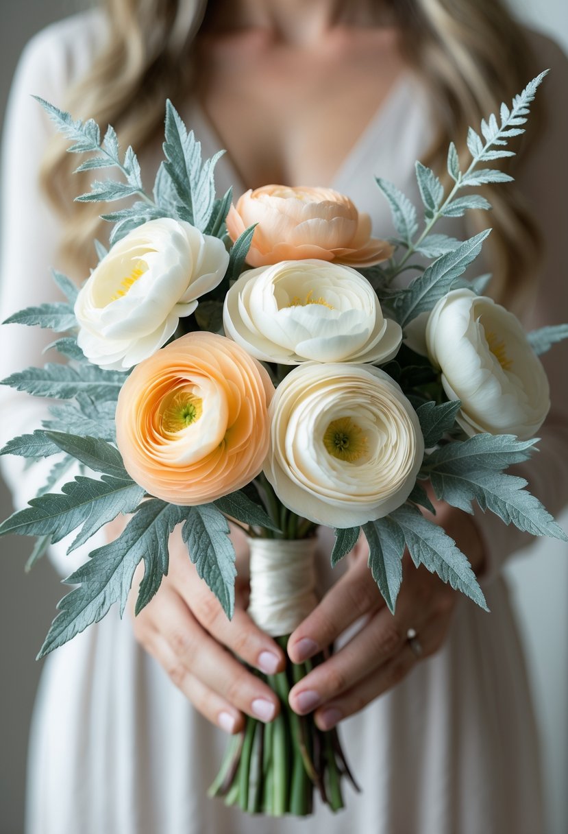 A small wedding bouquet with ranunculus flowers and dusty miller leaves held against a blurred neutral background.
