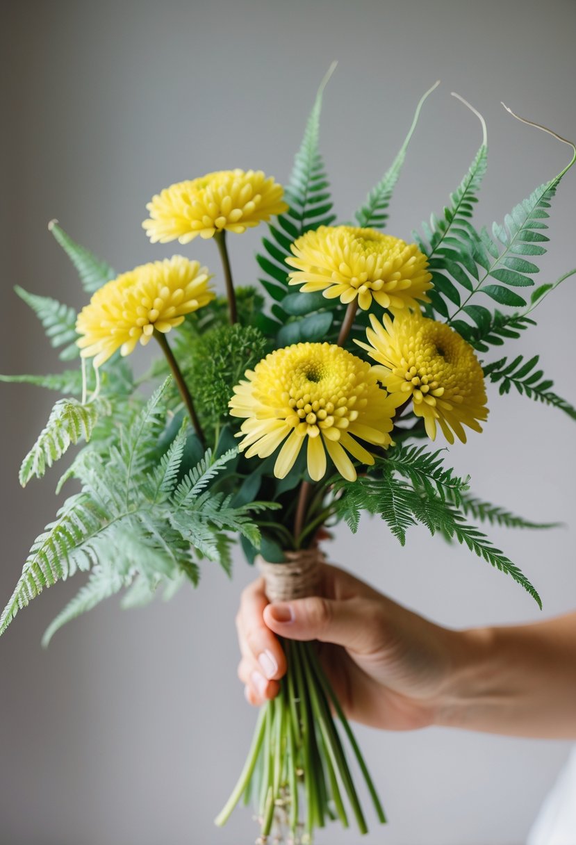 A small bouquet of yellow craspedia flowers and green fern leaves held in one hand.