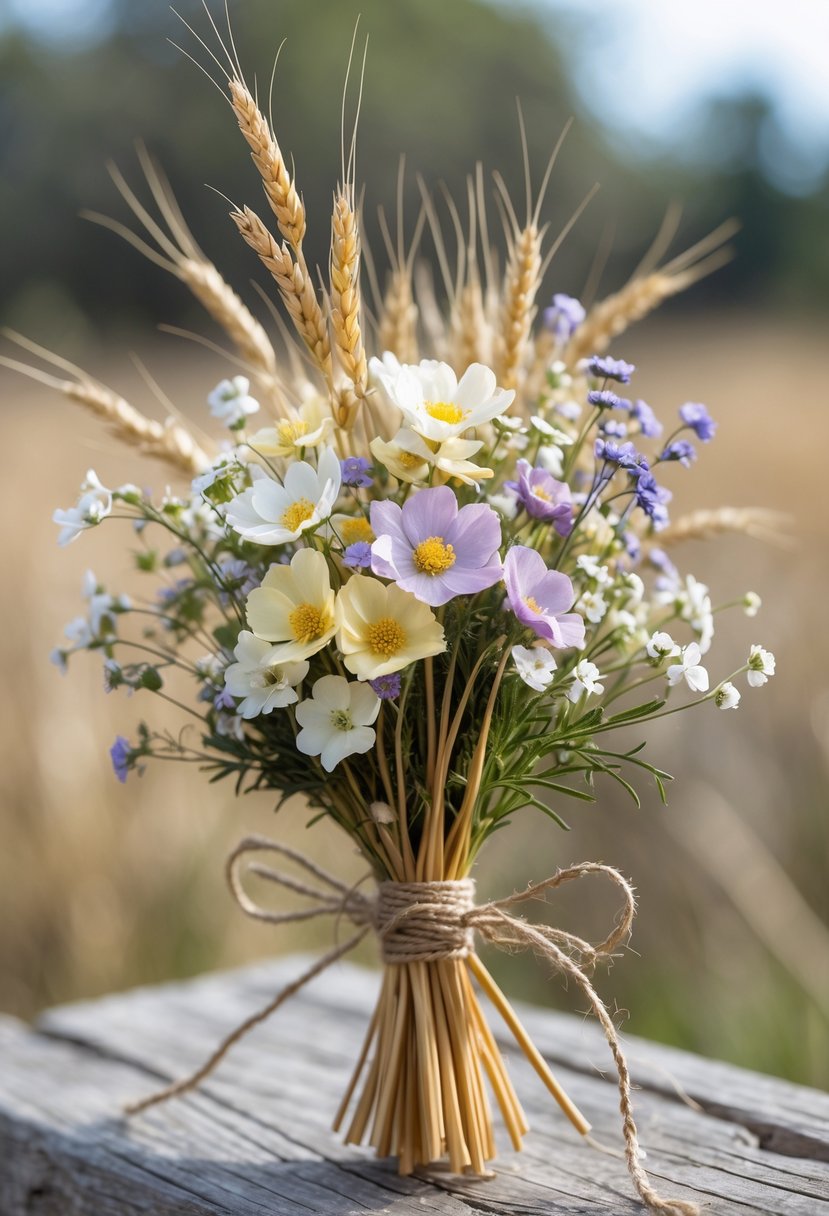 A small bouquet of wildflowers and dried wheat tied with twine resting on a wooden surface.