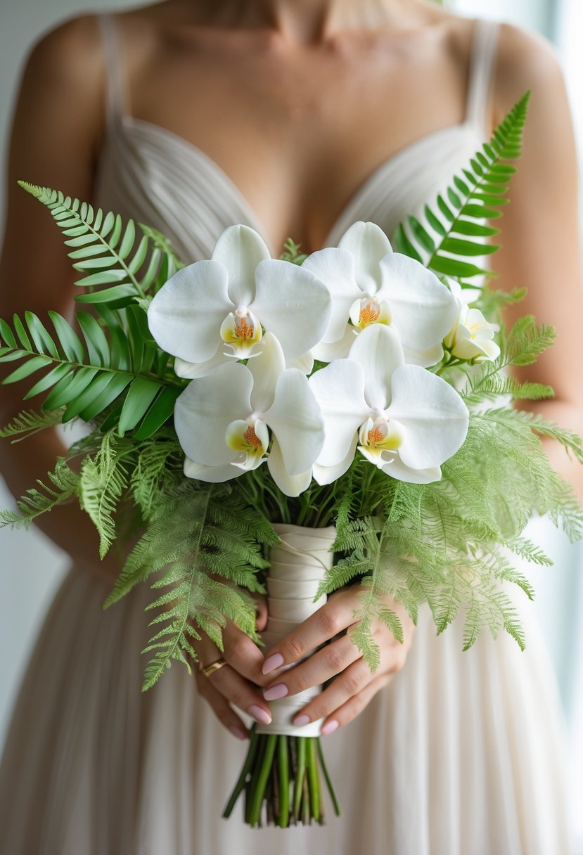 A small wedding bouquet with white orchids and green fern leaves held by a bride.