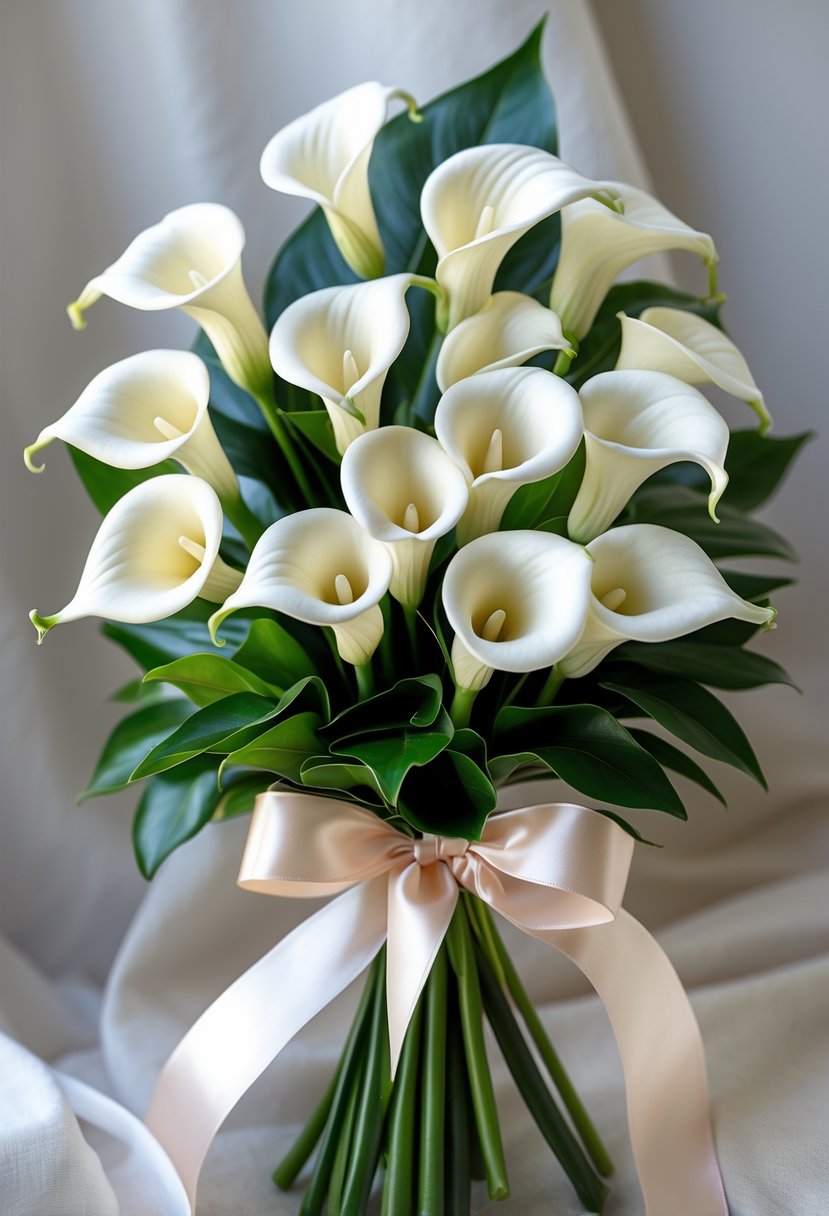 A small bouquet of white mini calla lilies tied with satin ribbons on a neutral background.