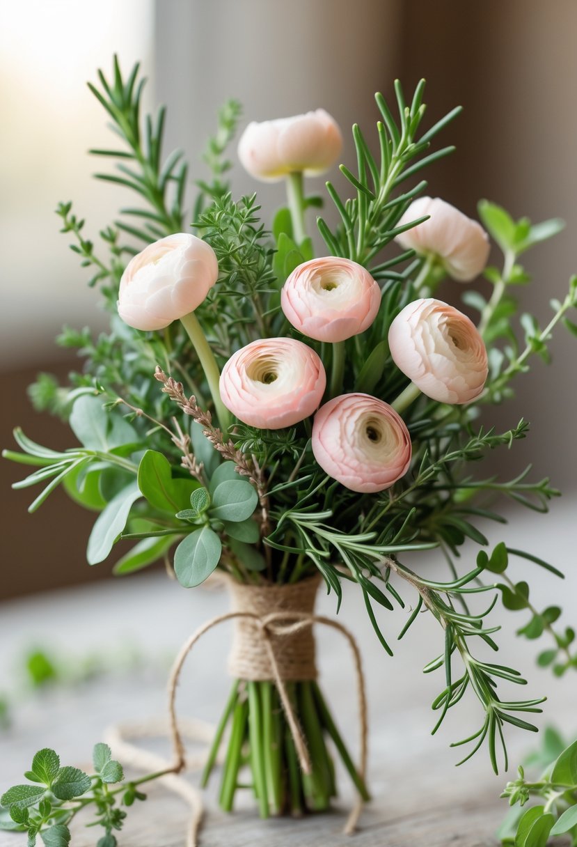 A small bouquet of blush ranunculus flowers and green herbs tied together with twine.