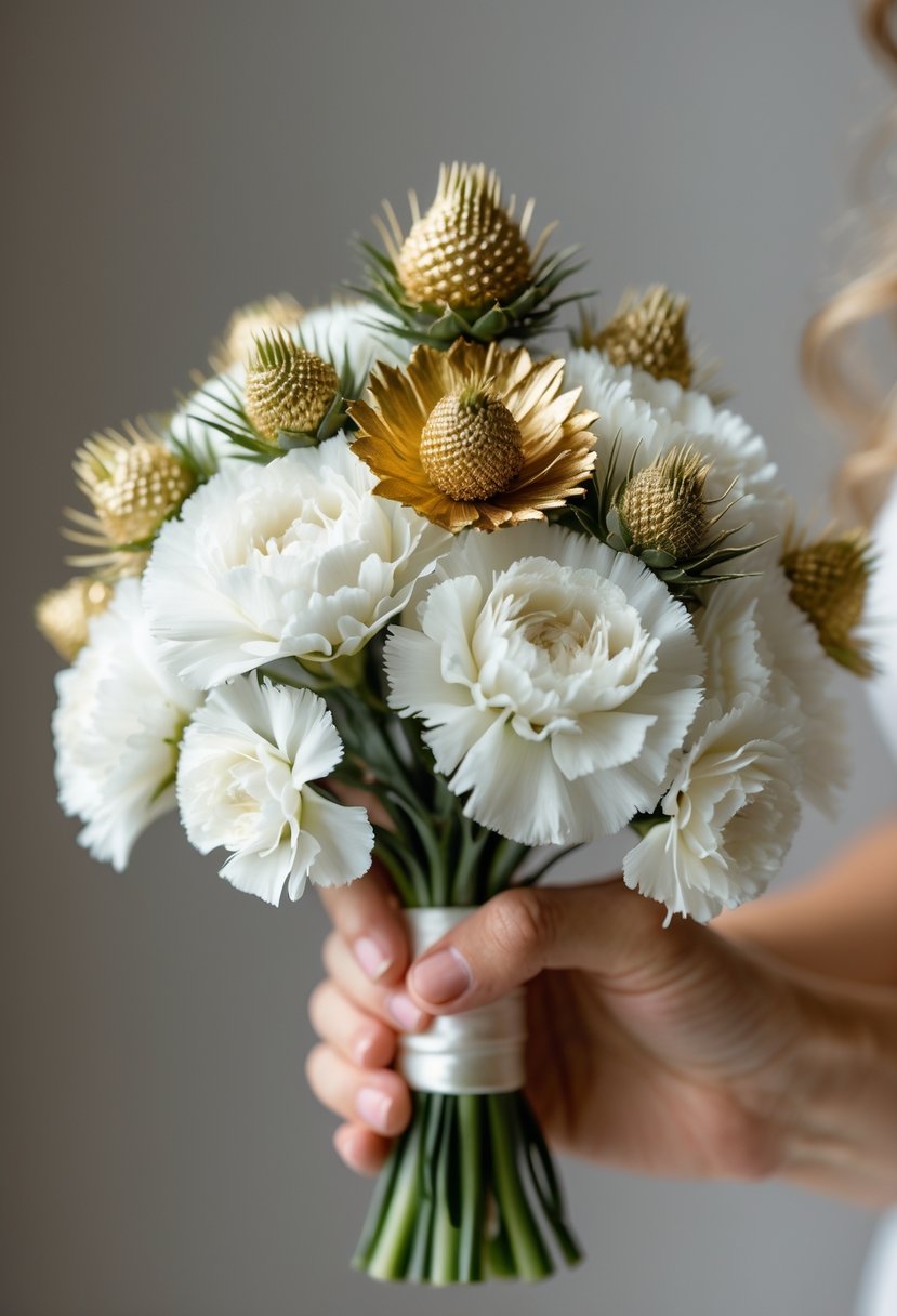 A small wedding bouquet of white carnations and gold thistle held by hands against a blurred neutral background.