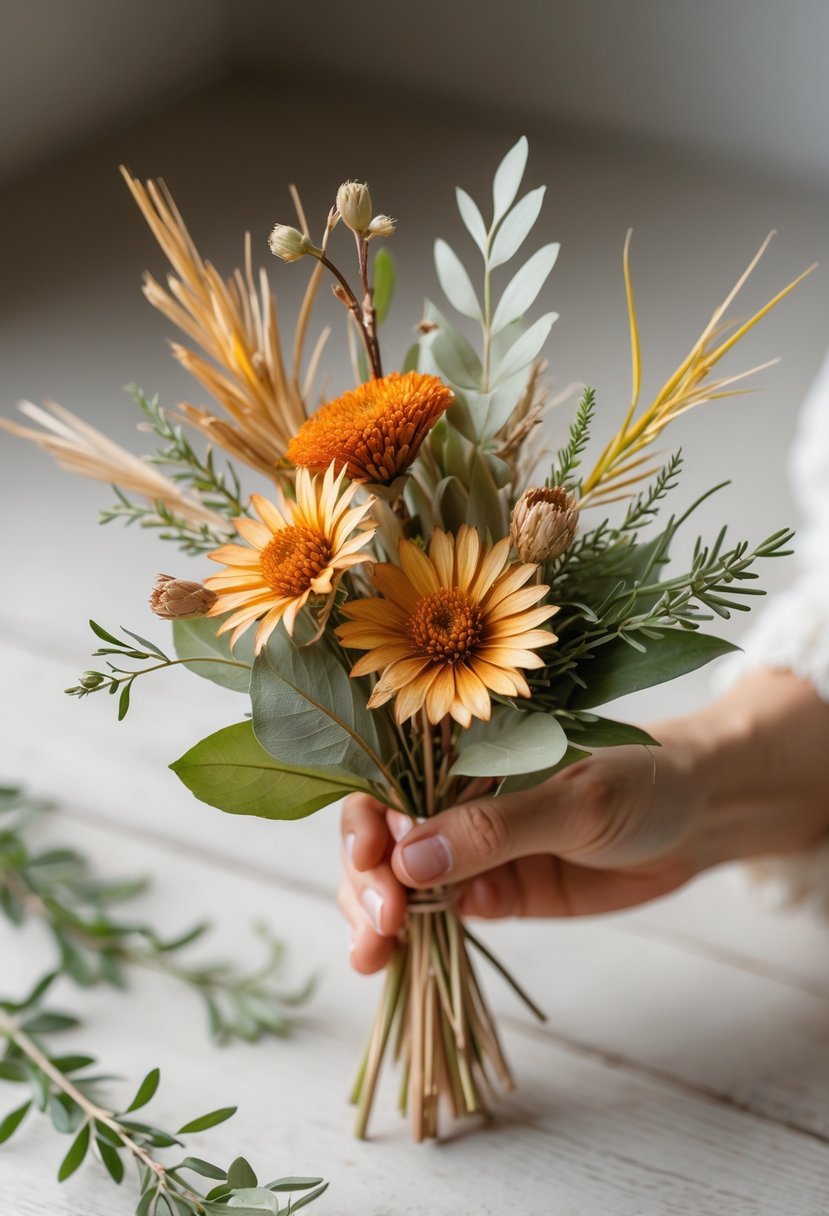 A small bouquet of dried strawflowers and greenery resting on a wooden surface.
