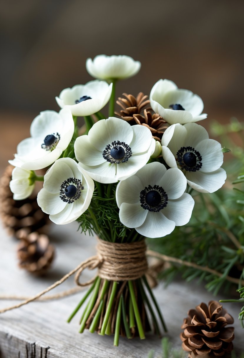 A small bouquet of white anemones and pinecones arranged together on a wooden surface.
