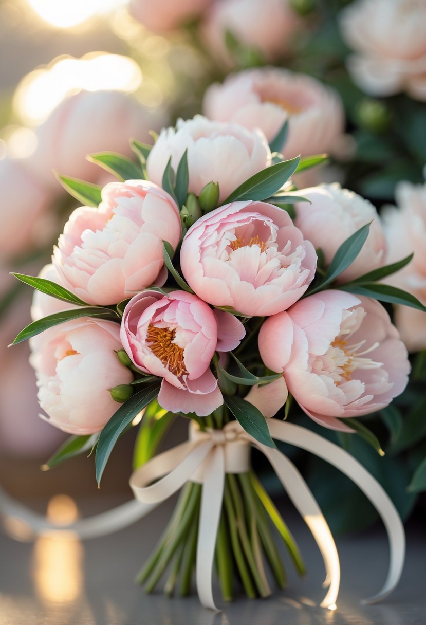 A small bouquet of blush pink peonies with green leaves tied with a ribbon.