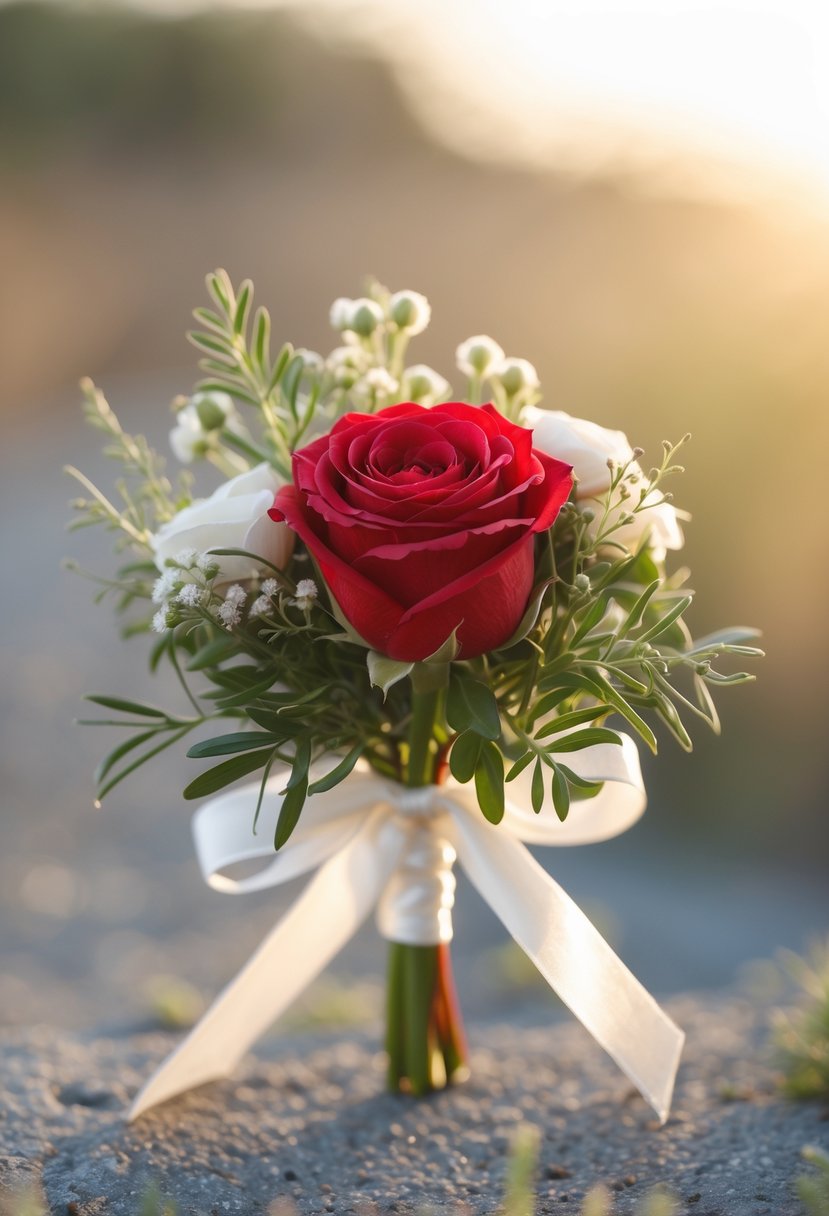 A close-up of a small red rose boutonniere with green leaves and white flowers tied with a white ribbon.