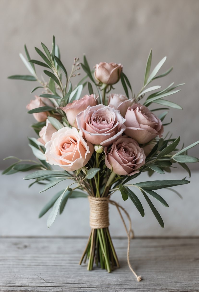 A small bouquet of muted blush flowers mixed with olive branches resting on a wooden surface.
