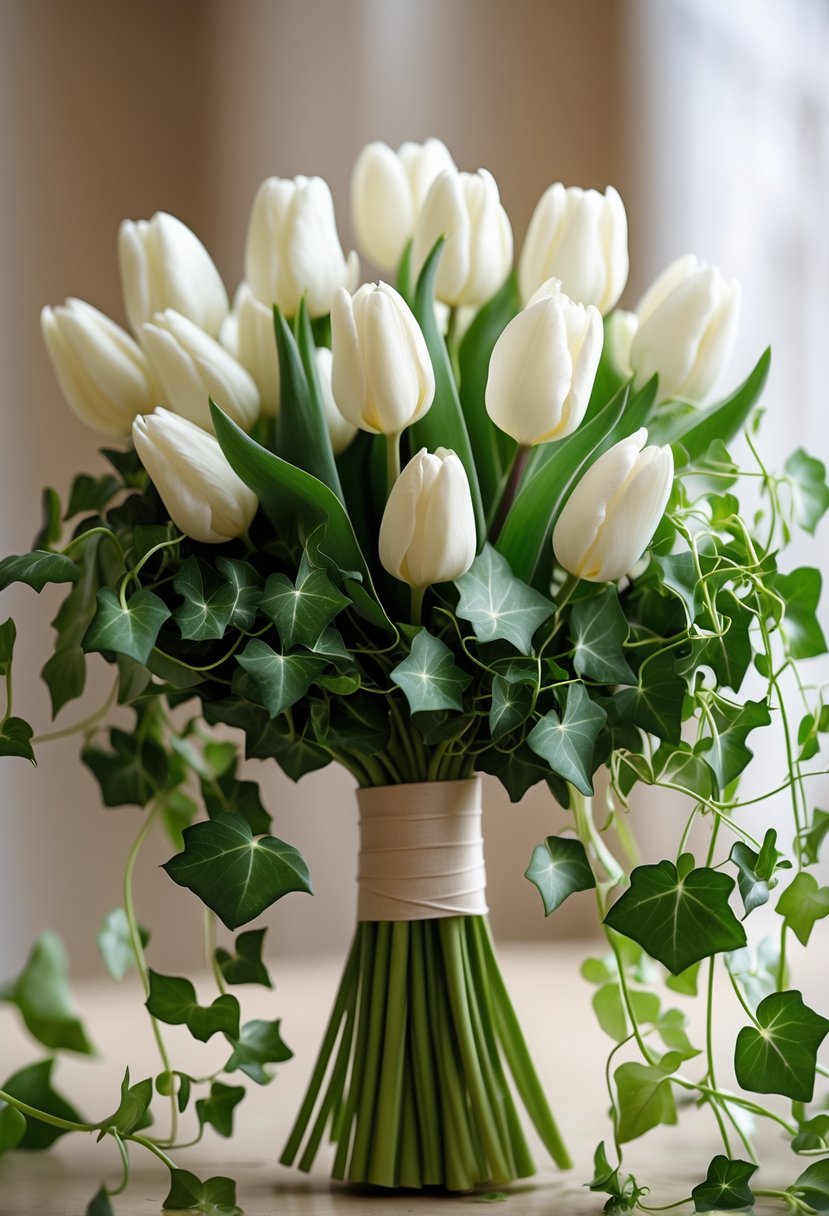 A small wedding bouquet made of white tulips and green ivy leaves.