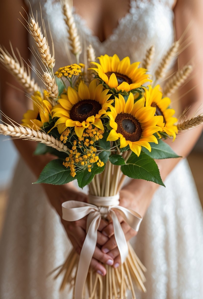 A small wedding bouquet made of mini sunflowers and wheat sheaves held by a person wearing a white lace dress.