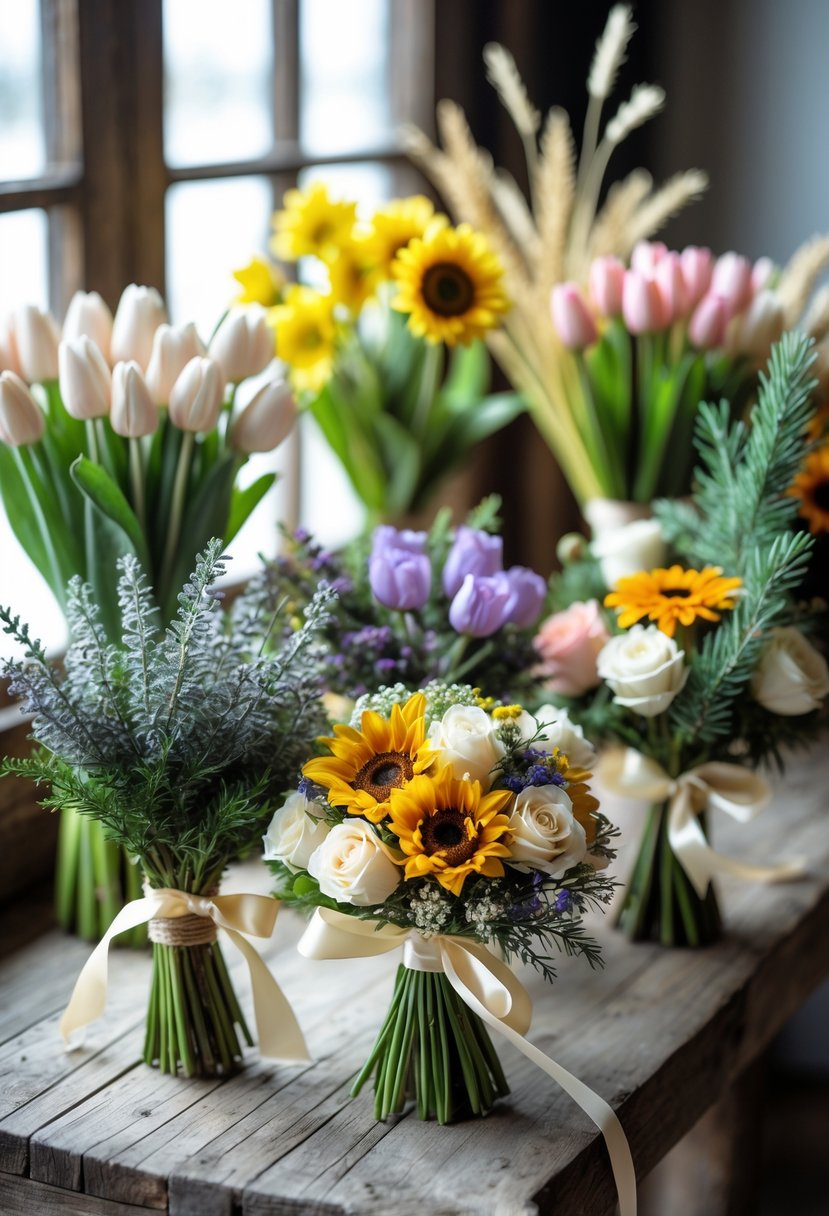 Several small wedding bouquets with seasonal flowers arranged on a wooden table in natural light.