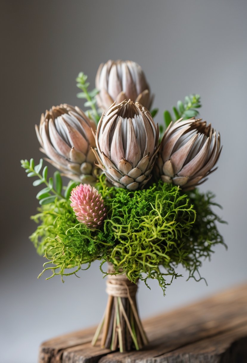 A small bouquet of dried protea flowers and green moss on a neutral background.