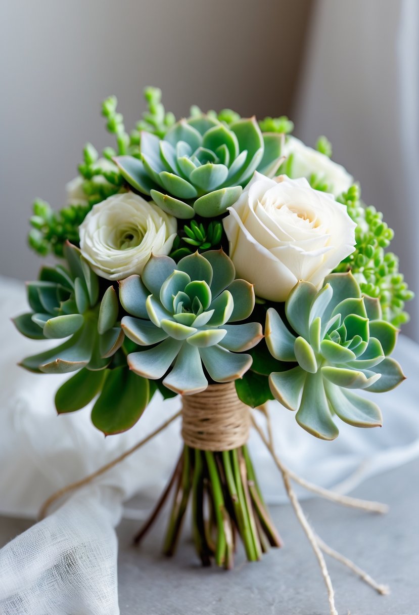 A small wedding bouquet made of green succulents and white roses held against a blurred neutral background.