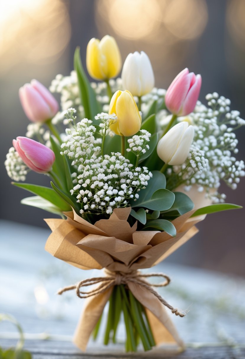 A small bouquet of spring tulips and baby's breath flowers wrapped in kraft paper with a twine bow.
