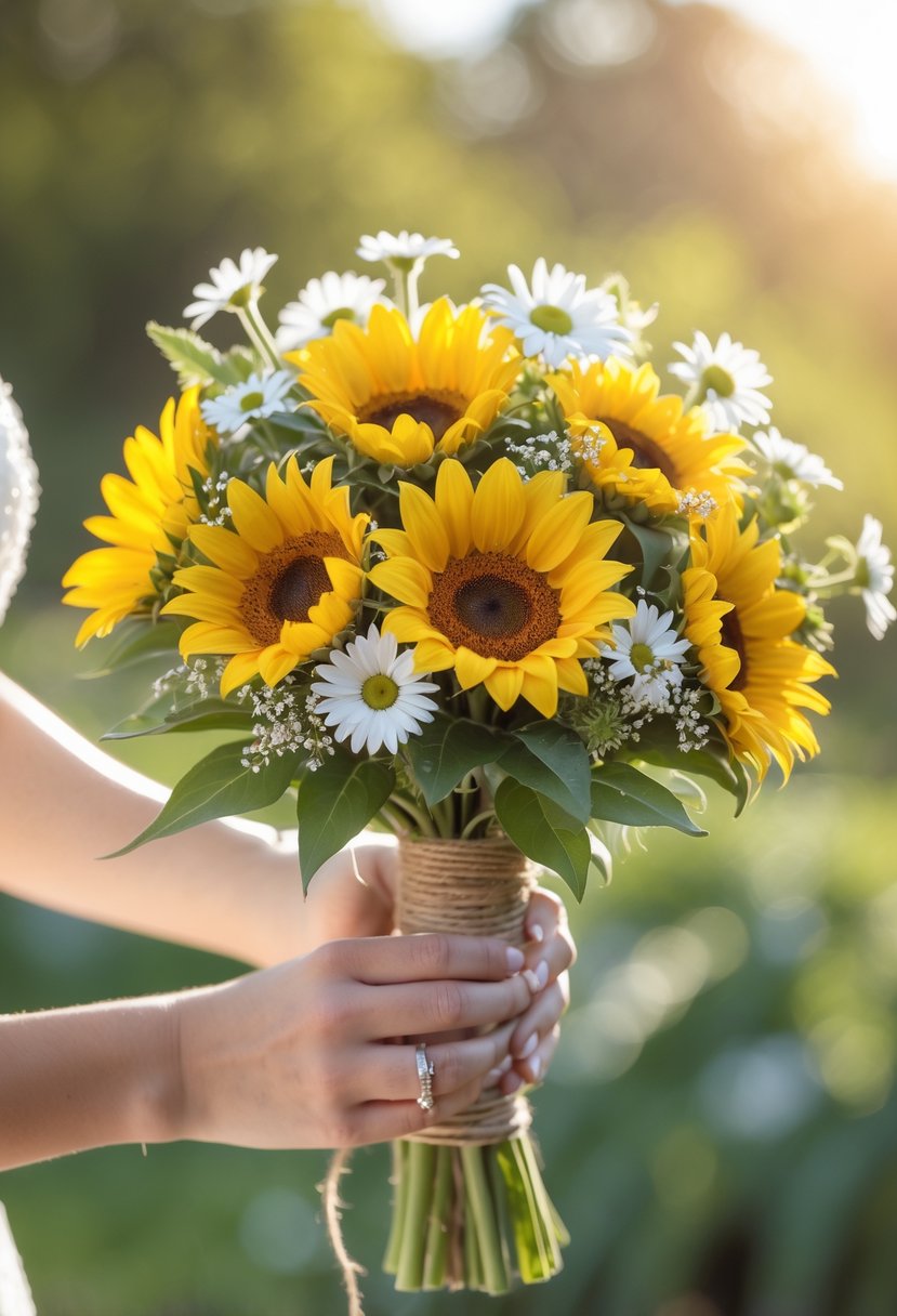 A small bouquet of sunflowers and white daisies held in hands with green leaves and a blurred outdoor background.