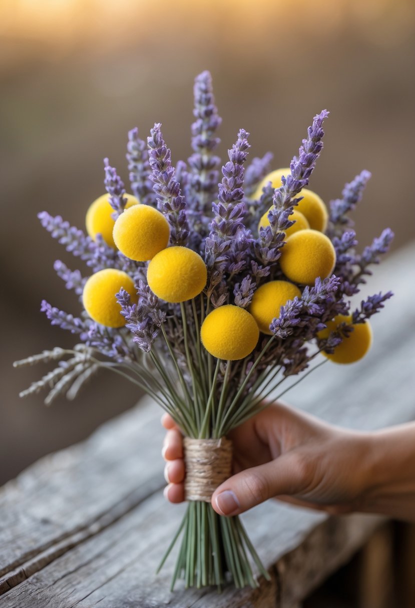 A small bouquet of dried lavender and yellow billy balls held against a wooden background.