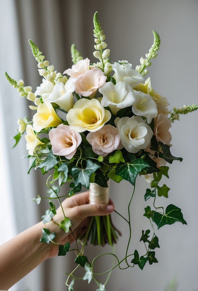 A small wedding bouquet made of freesia flowers and ivy leaves held against a plain background.
