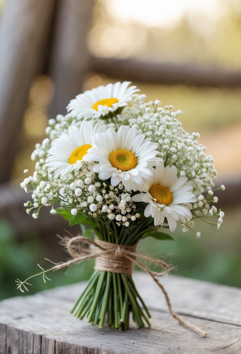 A small rustic bouquet of white daisies and baby's breath flowers tied with twine, held against a softly blurred natural background.